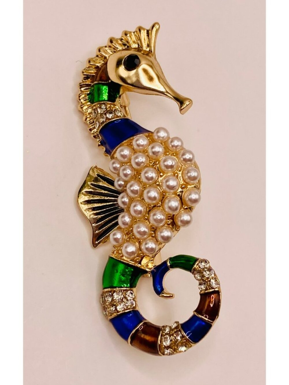 Seahorse Brooch Pin Faux Pearls & Multicolor Enamel Accents -35B